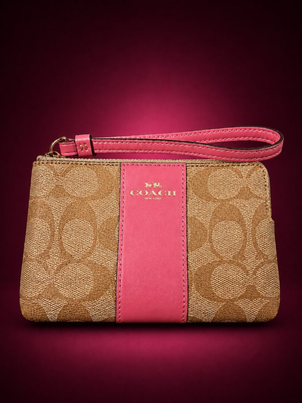 COACH Corner Zip Wristlet Signature Canvas Pink Leather Wallet Clutch Gold Logo